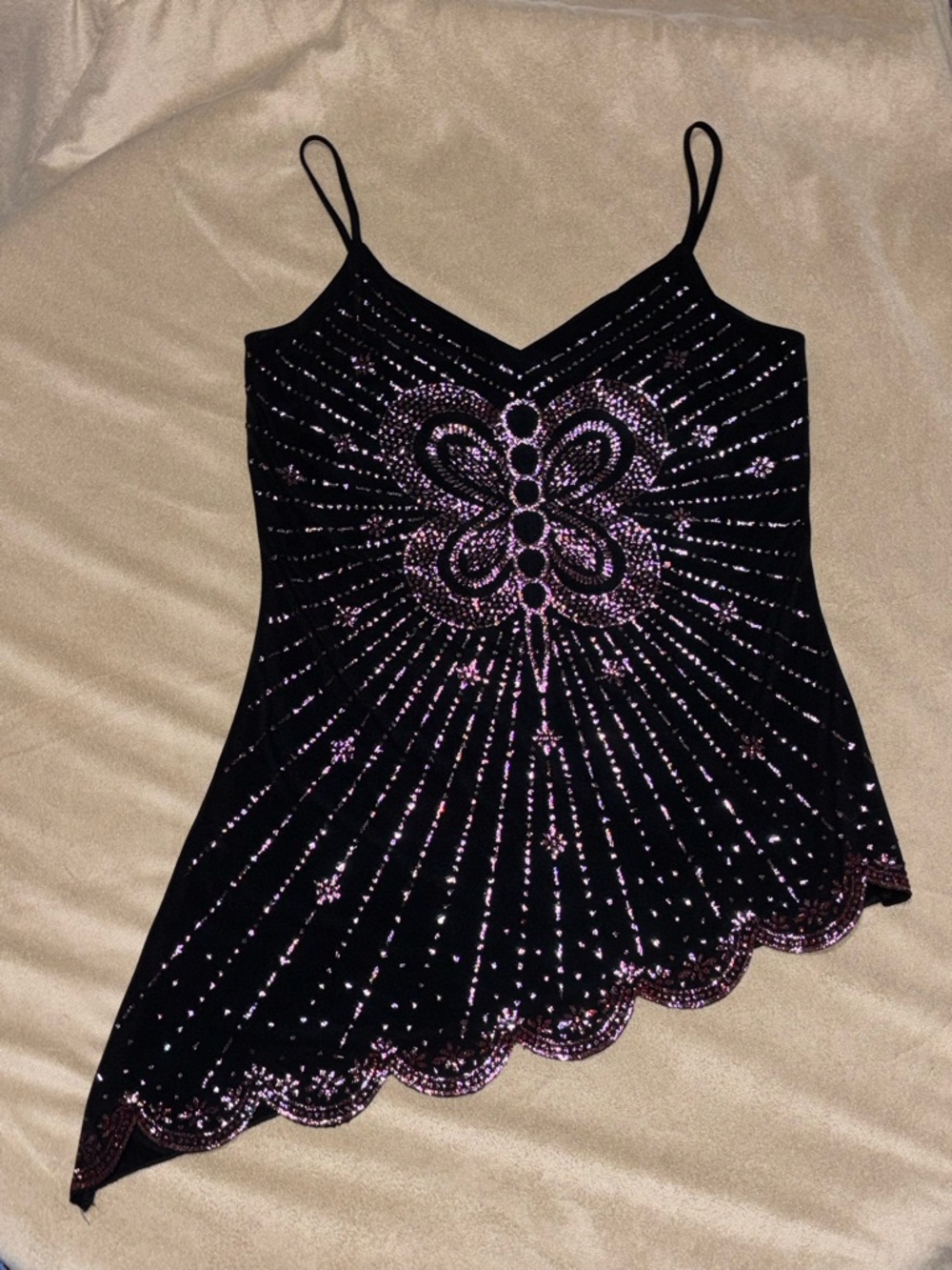Vintage Y2K Body Central Rhinestone Butterfly Handkerchief Tank Top L